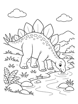 Free printable Cute Stegosaurus Drinking From Stream coloring page