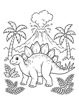 Free printable Cute Stegosaurus By An Erupting Volcano coloring page