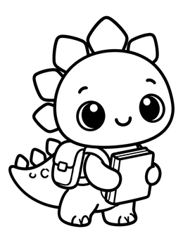 A cute cartoon stegosaurus coloring page holding a book and wearing a backpack.
