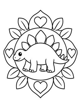 A cute stegosaurus coloring page framed in a simple mandala with leaves and hearts.