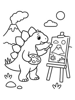 A friendly dinosaur creates art in this stegosaurus coloring page.