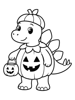 A stegosaurus coloring page showing a baby dino dressed in a pumpkin costume with a candy bucket.