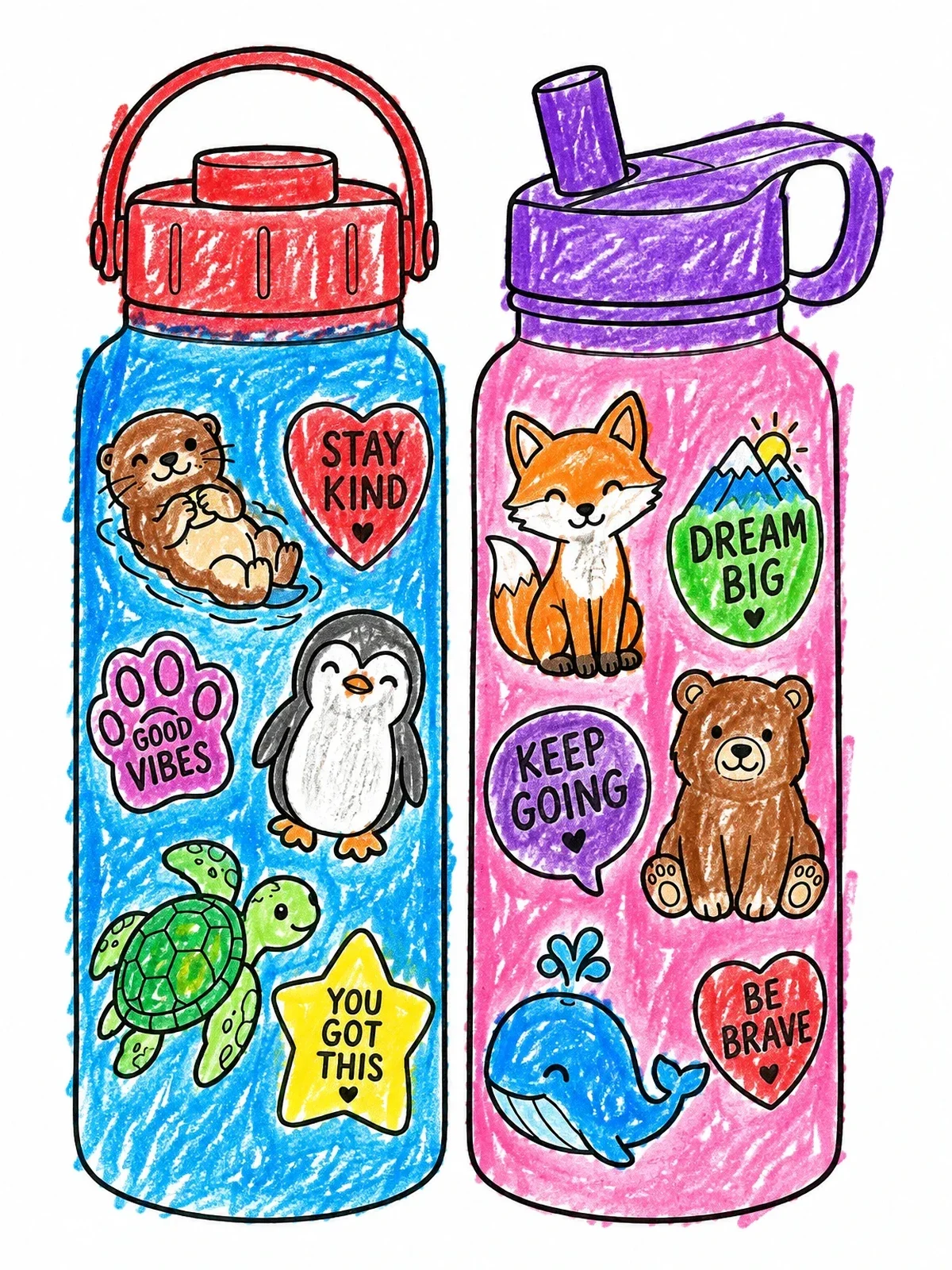 Colored example of the Decorated Water Bottles With Cute Stickers coloring page