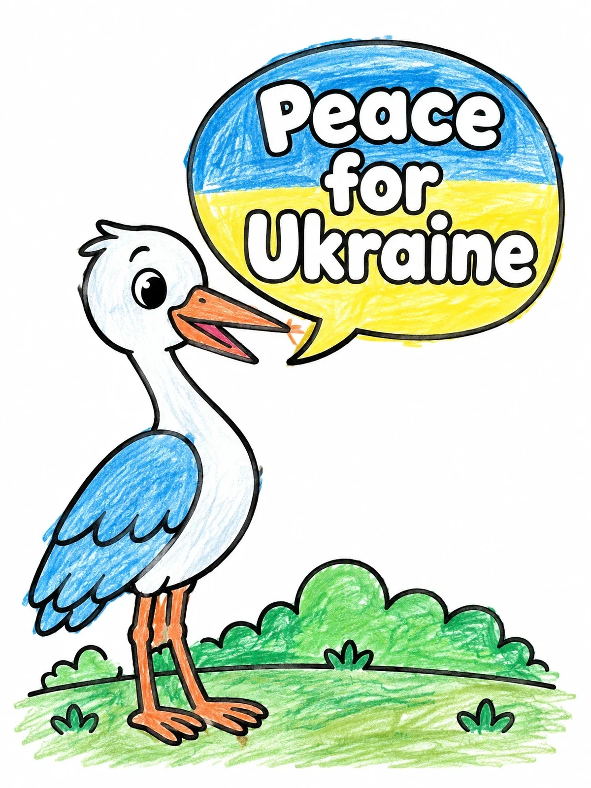 Colored example of the Cute Stork Peace For Ukraine coloring page