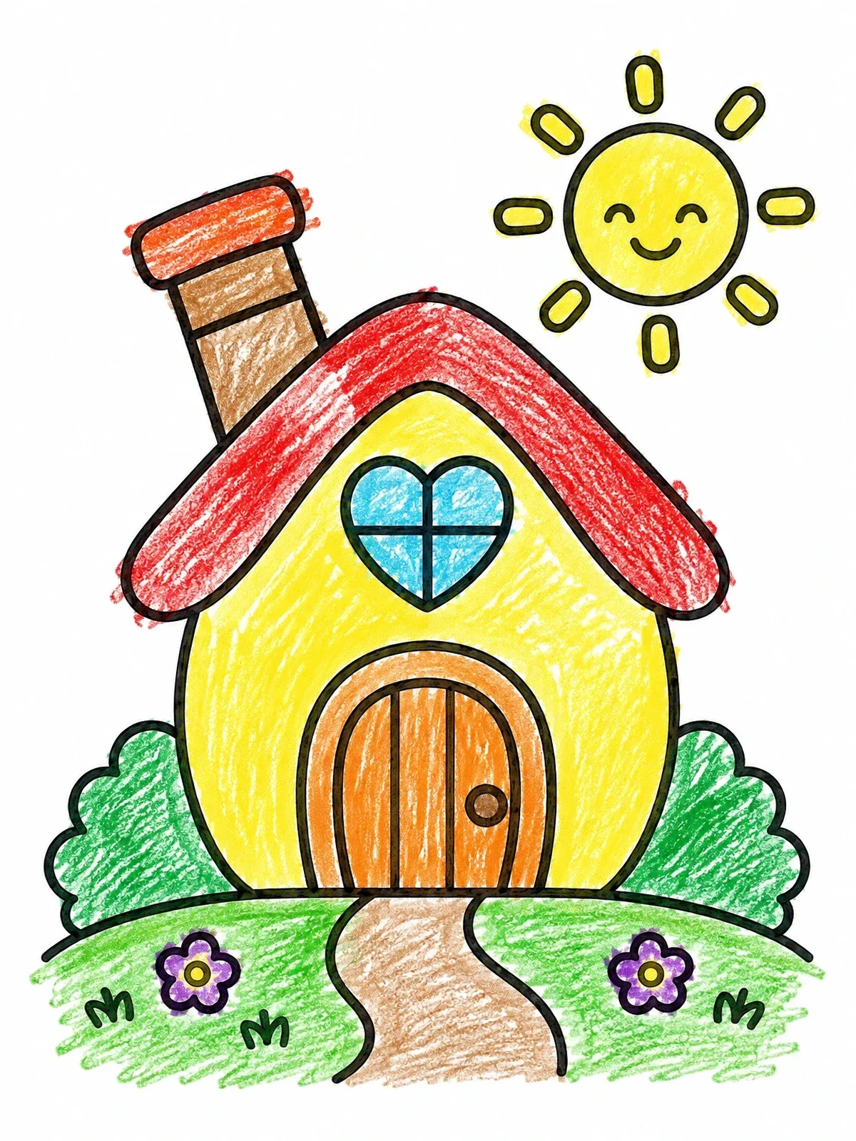 Colored example of the Cute Storybook Playhouse With Smiling Sun coloring page
