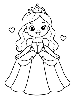A smiling princess coloring page with a crown and ballgown.
