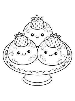 Three smiling daifuku treats on a dessert stand in a cute mochi coloring page.