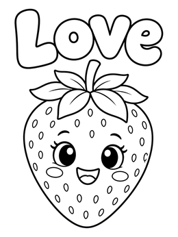 A smiling strawberry under the word Love on this fruit of the spirit coloring page.