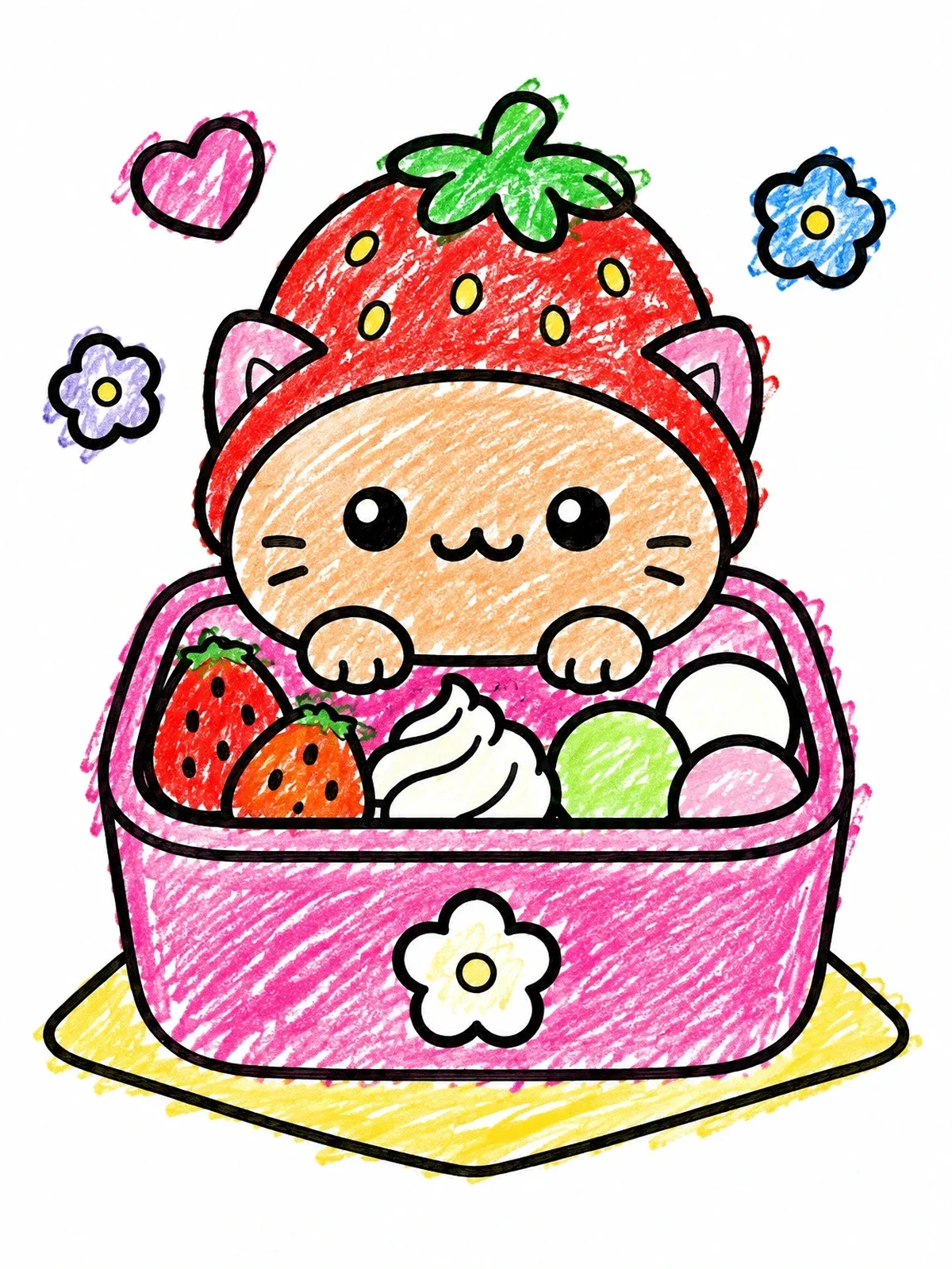 Colored example of the Cute Strawberry Mochi Cat Bento coloring page