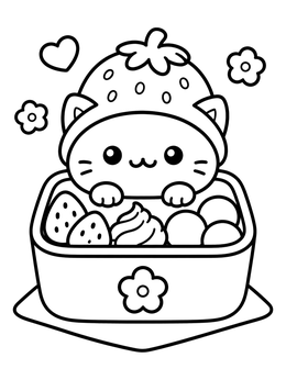 Free printable Cute Strawberry Mochi Cat Bento coloring page