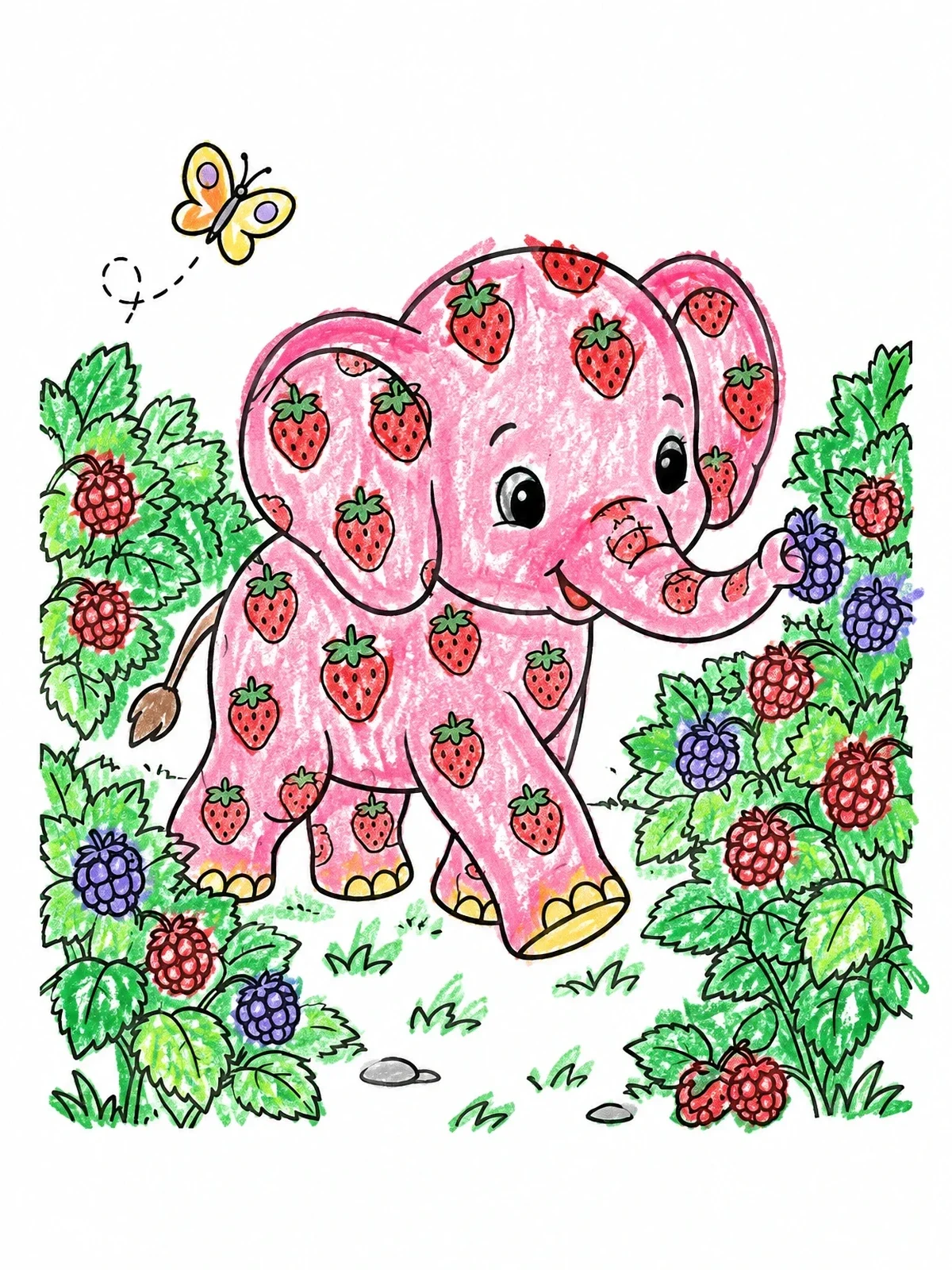 Colored example of the Cute Strawberry Patterned Baby Elephant coloring page
