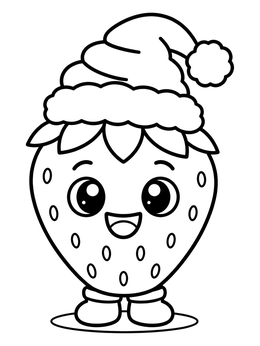 A cheerful cartoon strawberry coloring page wearing a fluffy Santa hat and little boots.