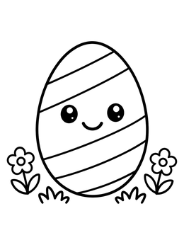 A smiling striped easter egg coloring page surrounded by little flowers in the grass.