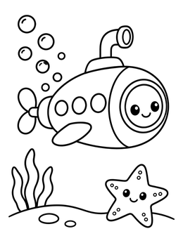 Free printable Cute Submarine And Smiling Starfish coloring page