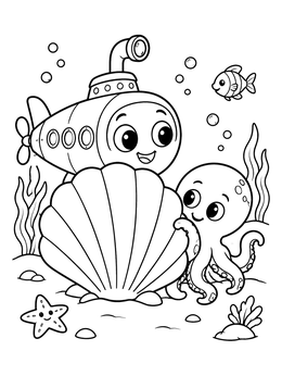 Free printable Cute Submarine Playing With Octopus coloring page