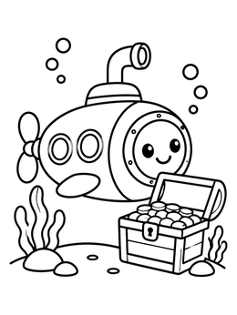 Free printable Cute Submarine And Treasure Chest coloring page
