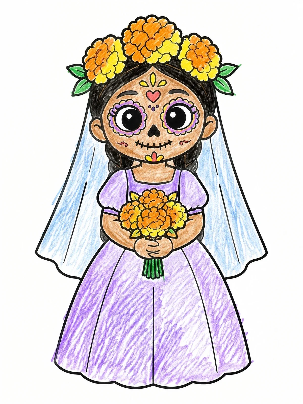 Colored example of the Cute Sugar Skull Day Of The Dead Bride coloring page