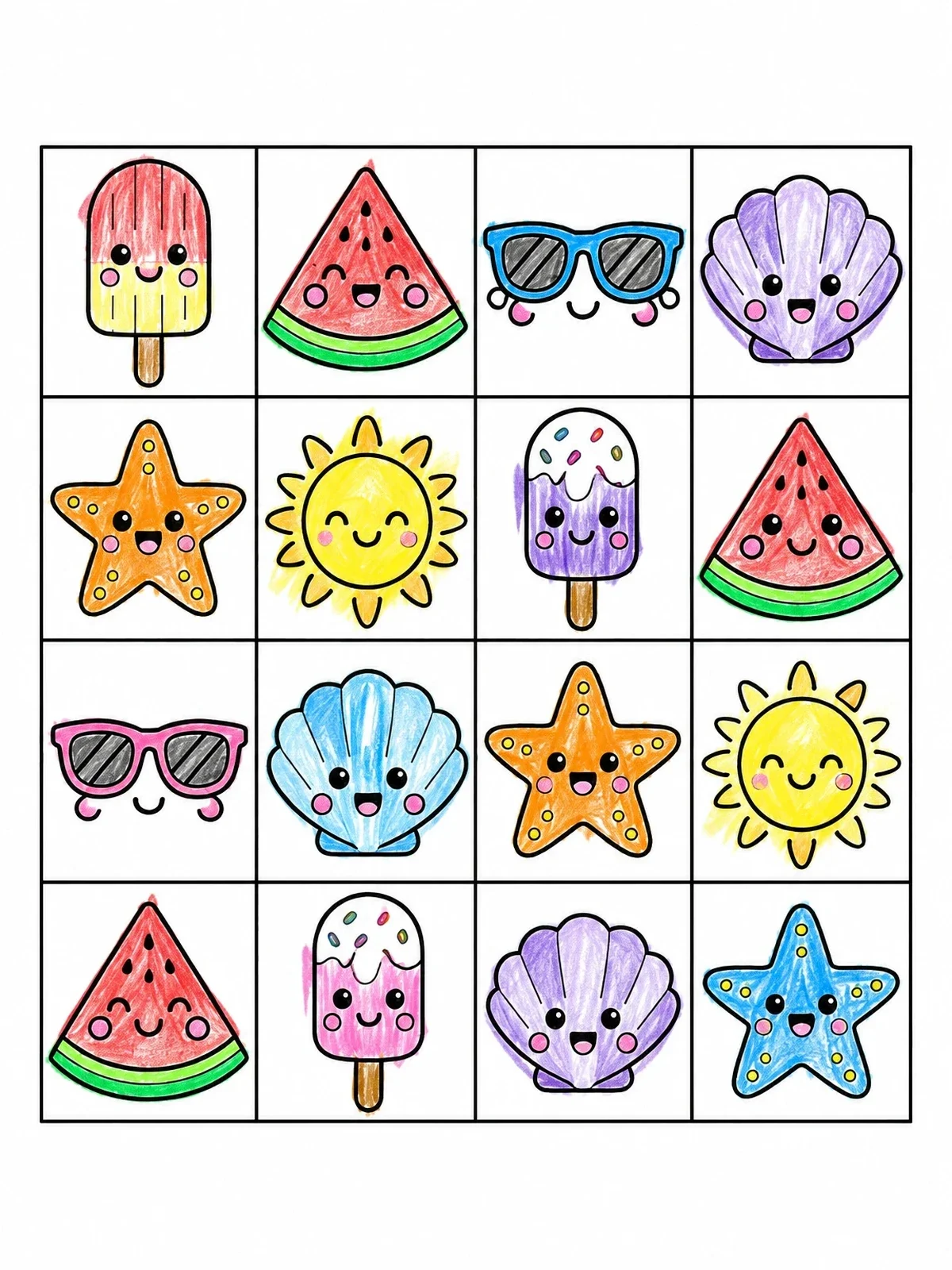Colored example of the Cute Summer Icons Grid coloring page