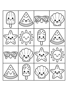 Free printable Cute Summer Icons Grid coloring page