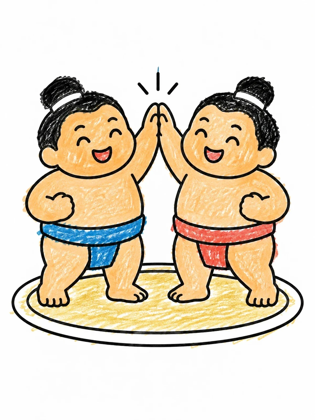 Colored example of the Cheerful Sumo Wrestlers High Five coloring page