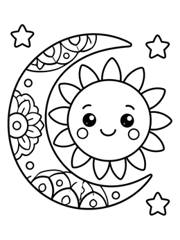 Free printable Cute Sun And Crescent Moon With Stars coloring page