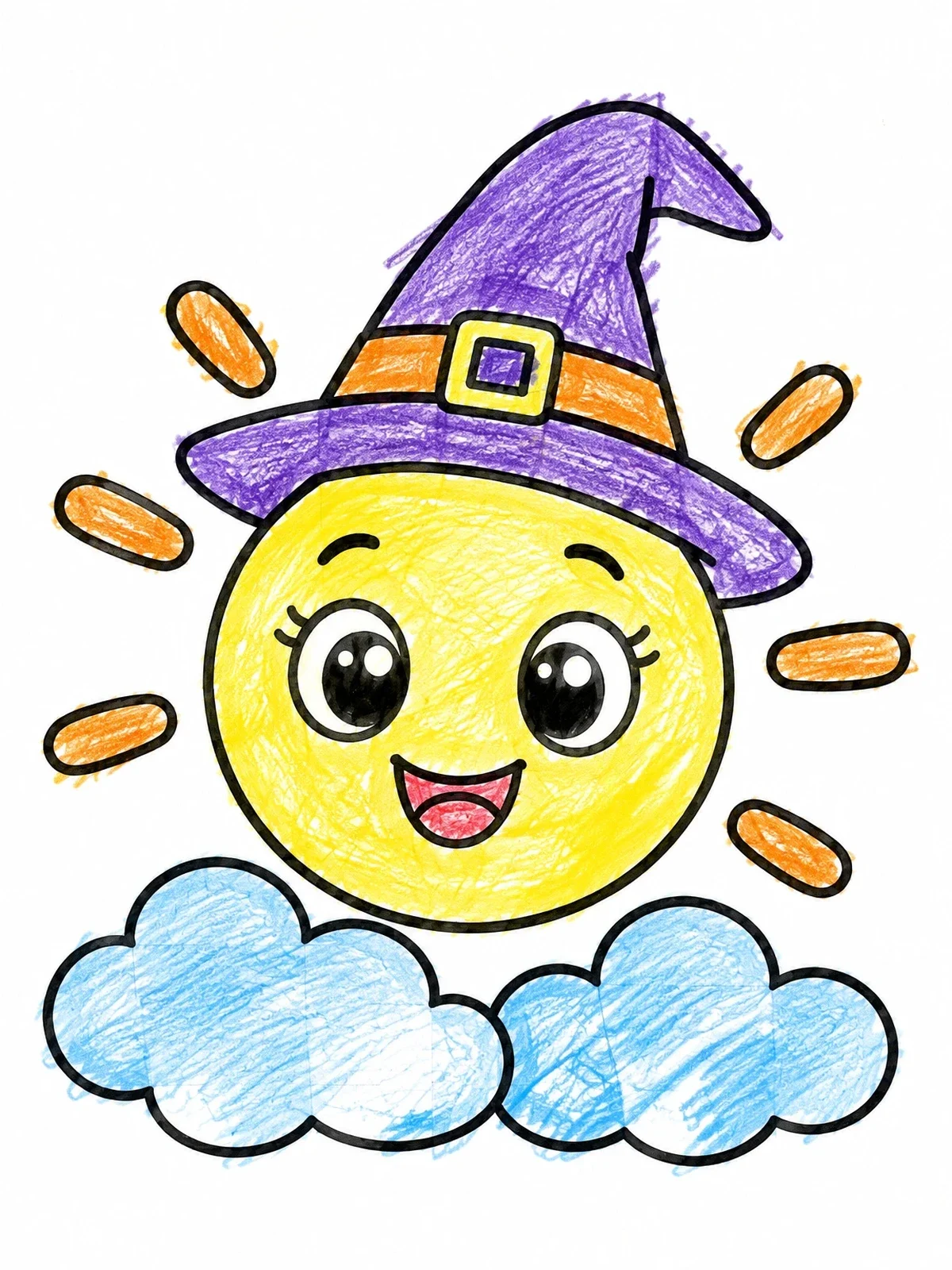 Colored example of the Cute Sun Wearing Witch Hat coloring page