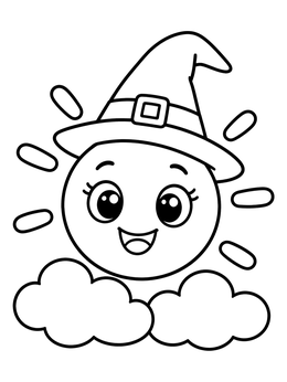 A cheerful sun coloring page featuring a smiling sun in a witch hat above clouds.