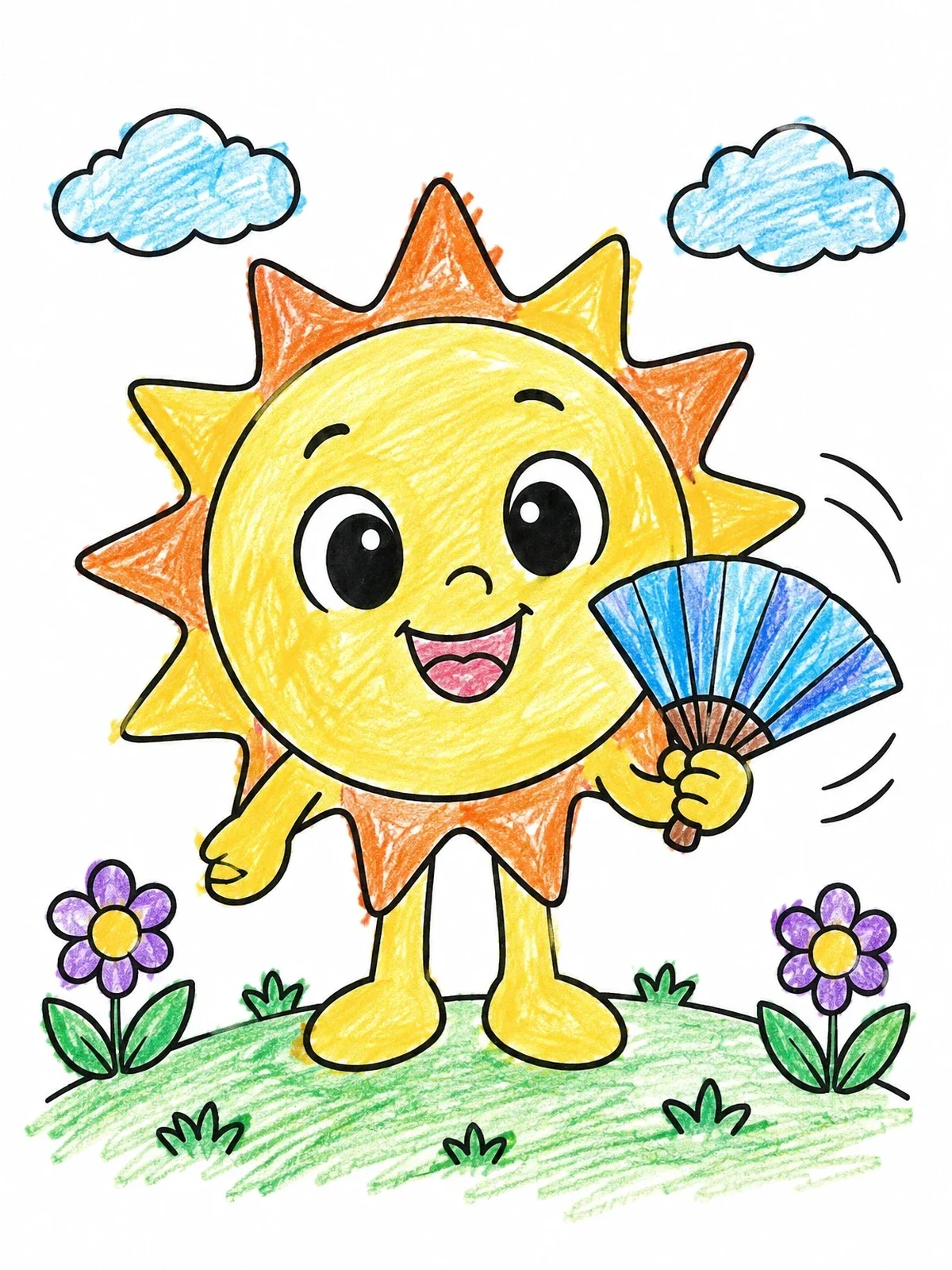 Colored example of the Cute Sun With Paper Fan coloring page