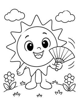 A cheerful sun coloring page showing a smiling sun character holding a paper fan in a field.