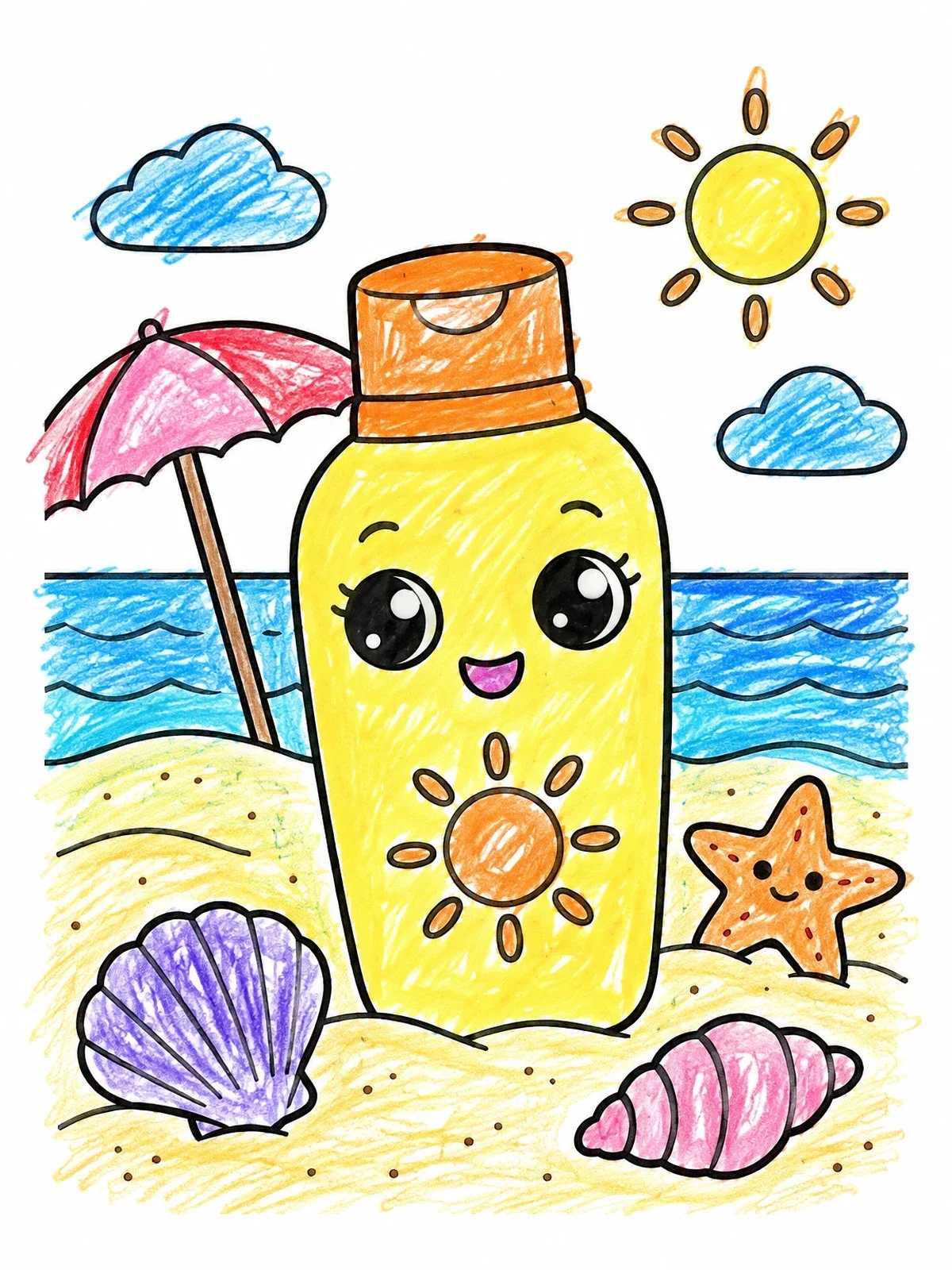 Colored example of the Cute Sunscreen Bottle At The Beach coloring page