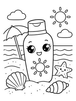 Free printable Cute Sunscreen Bottle At The Beach coloring page