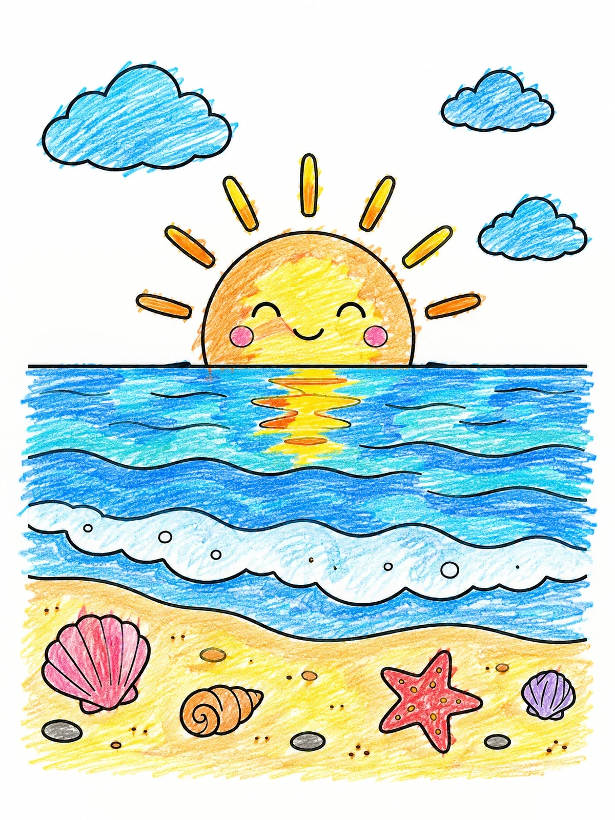 Colored example of the Cute Sunset Over Ocean Beach coloring page