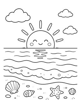 Free printable Cute Sunset Over Ocean Beach coloring page