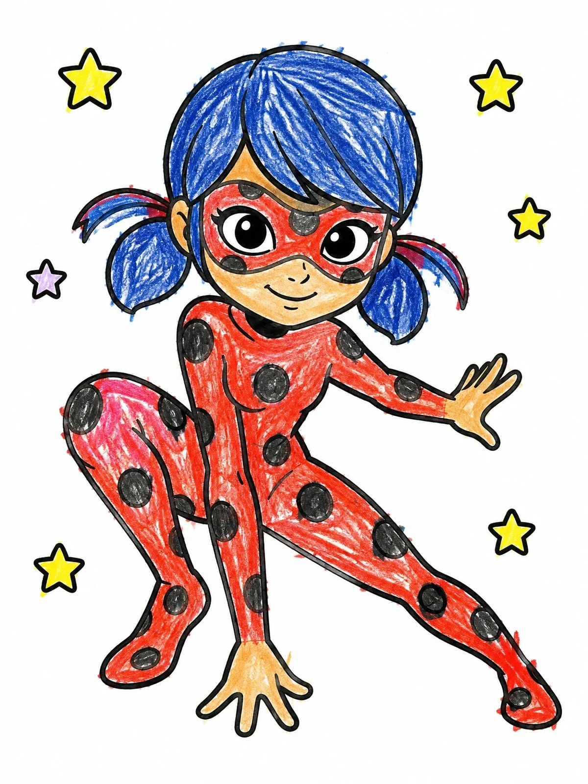 Colored example of the Cute Superhero Ladybug Striking Pose coloring page