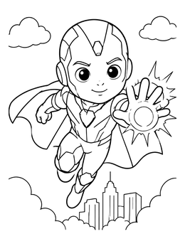 Free printable Cute Superhero Vision Flying Over City coloring page