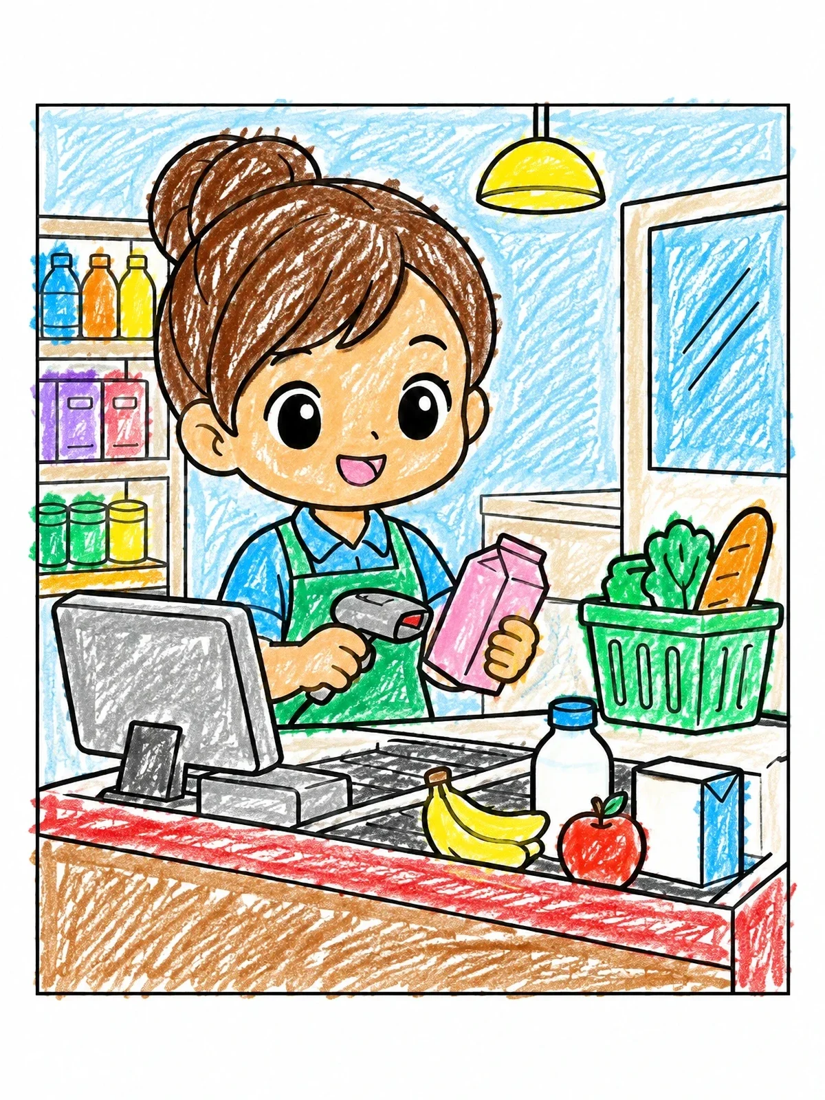 Colored example of the Cute Supermarket Cashier Scanning Groceries coloring page