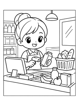 Free printable Cute Supermarket Cashier Scanning Groceries coloring page