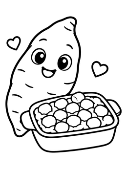 A cheerful cartoon yam next to a dish on this sweet potatoes coloring page.