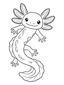 A cheerful cartoon axolotl coloring page curling playfully in the water.