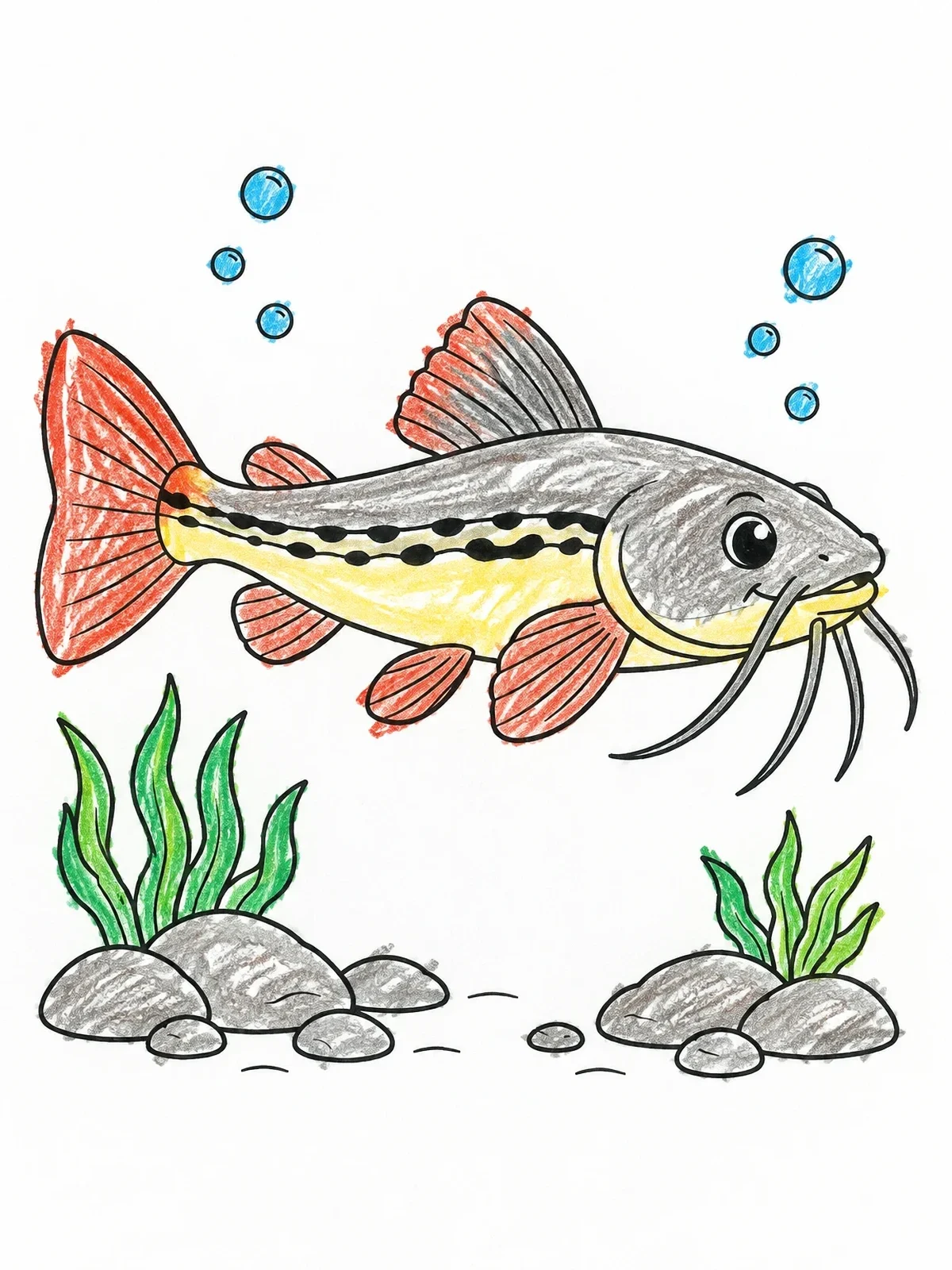 Colored example of the Cute Swimming Catfish Underwater coloring page