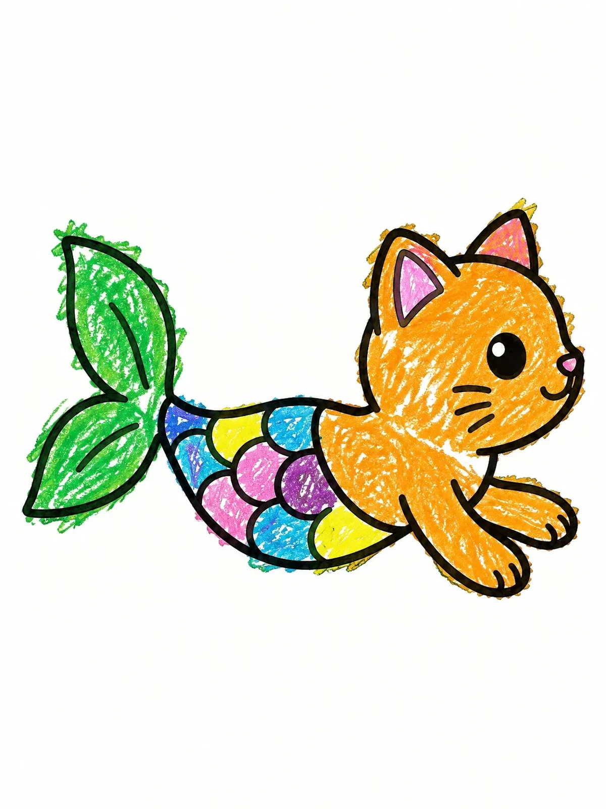 Colored example of the Cute Swimming Mermaid Cat coloring page