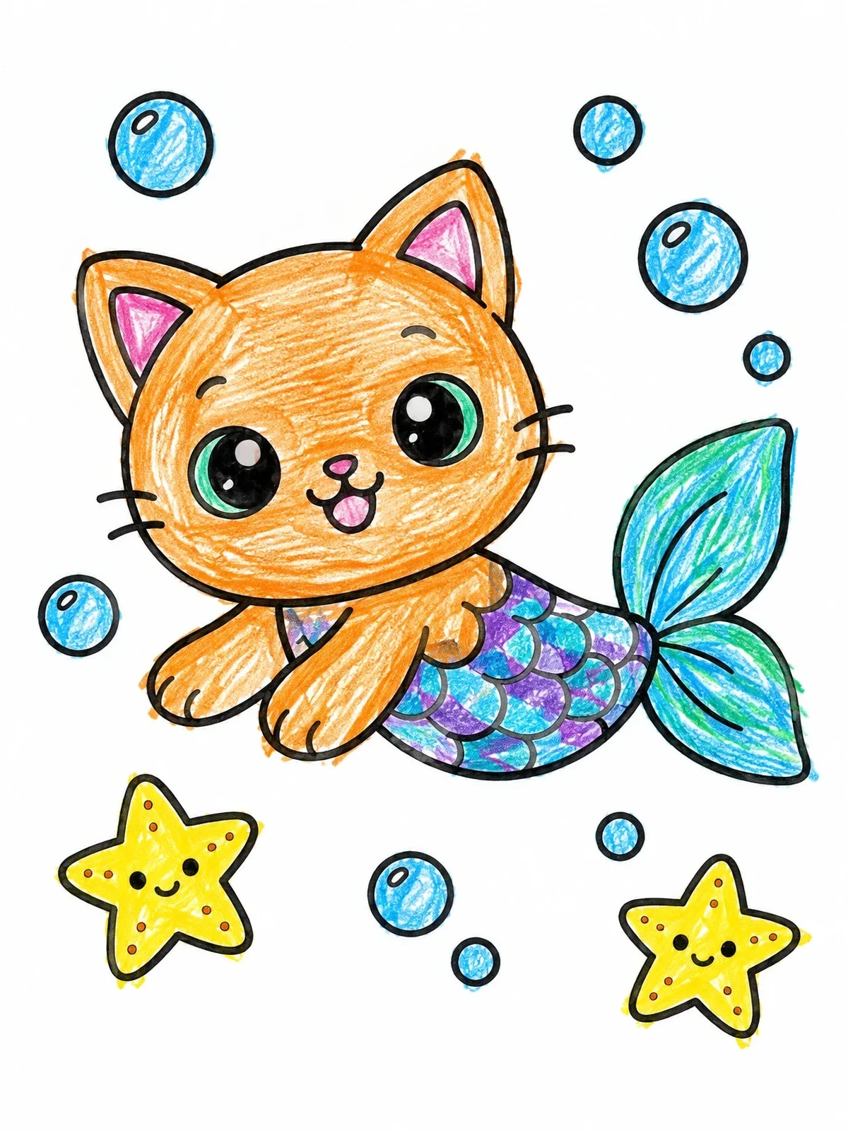 Colored example of the Cute Swimming Purrmaid With Starfish coloring page