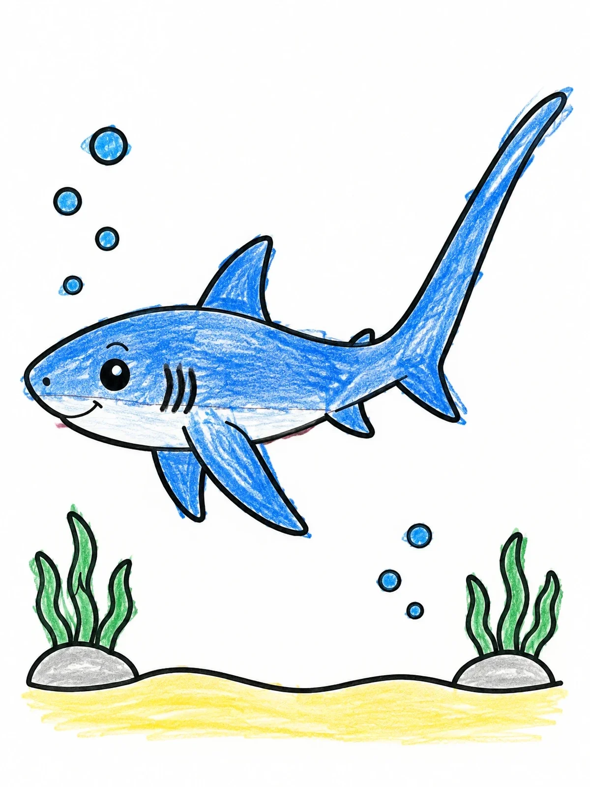 Colored example of the Cute Swimming Thresher Shark coloring page