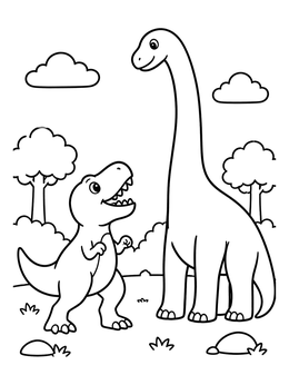 A cute cartoon t rex coloring page featuring a smiling T-Rex looking up at a giant long-necked dinosaur.