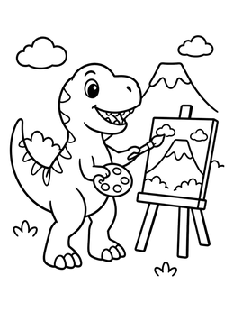 A cheerful t rex coloring page showing a baby dinosaur painting a mountain on an easel.