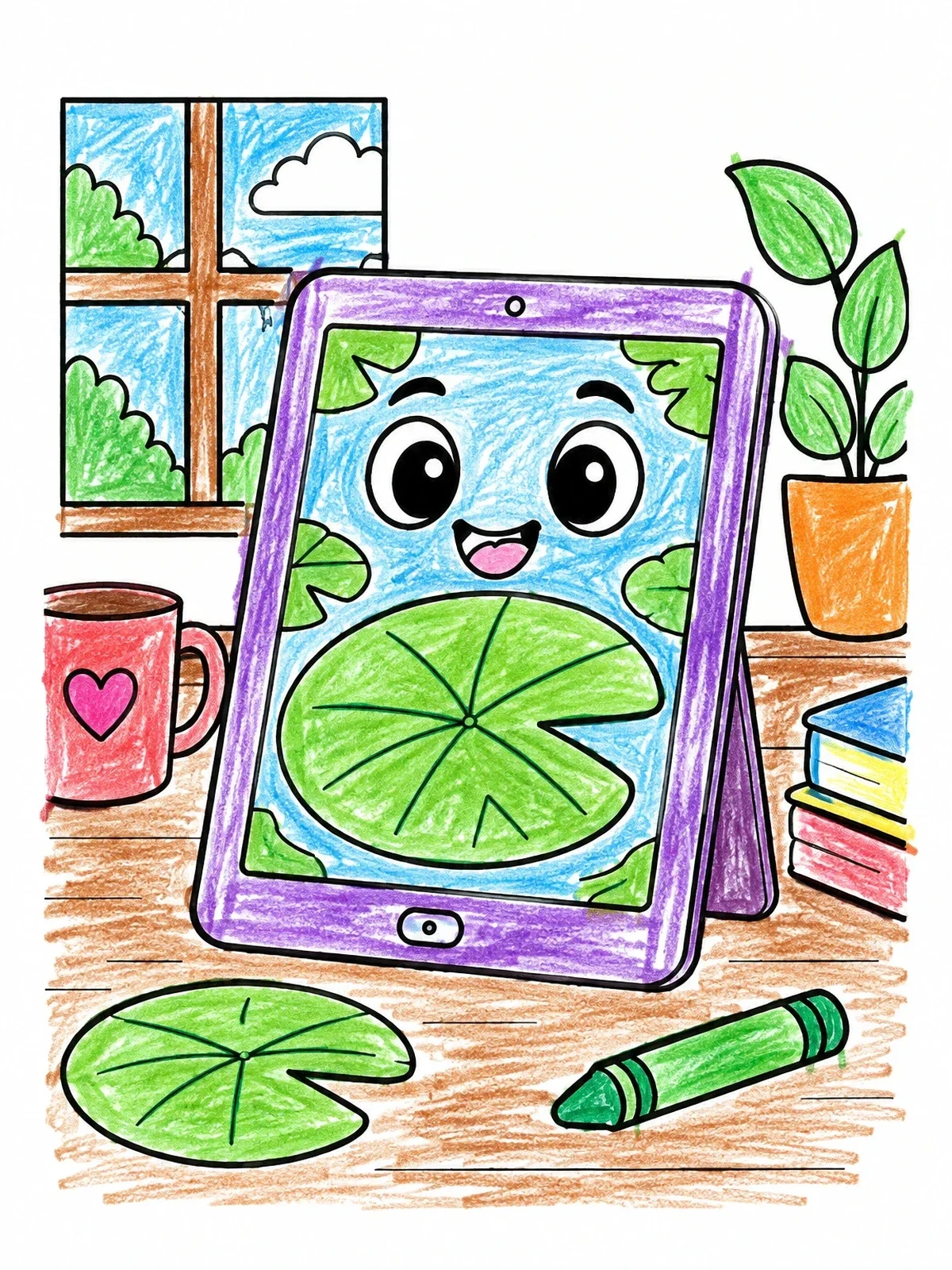 Colored example of the Cute Tablet With Lily Pad Screen coloring page