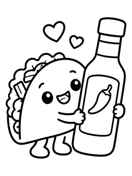 Free printable Cute Taco Hugging Hot Sauce Bottle coloring page