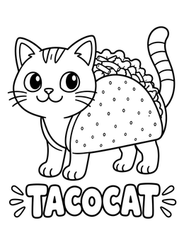 Funny kitten inside a crunchy shell on this taco coloring page with Tacocat lettering.