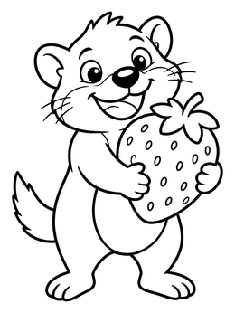 A cheerful cartoon tasmanian devil coloring page holding a big strawberry with a happy smile.
