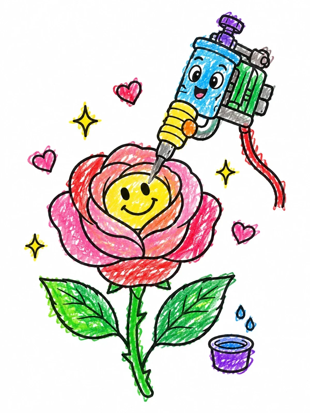 Colored example of the Cute Tattoo Machine Drawing A Rose coloring page